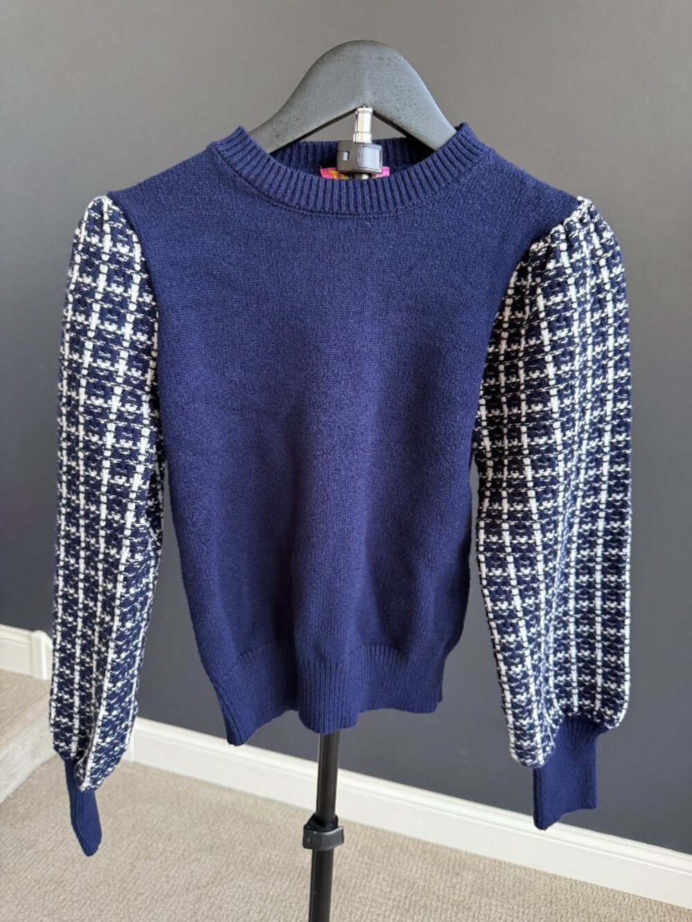 THML Navy Mixed-Media Balloon-Sleeve Sweater XS